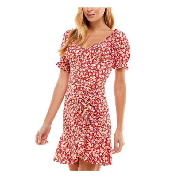 CITY STUDIO Dresses & Skirts - CITY STUDIO Womens Fit + Flare Short Dress Red Pouf Sleeve With Tie Juniors S
